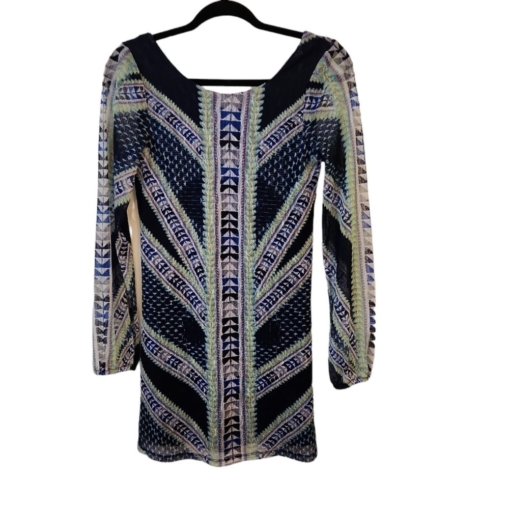 Fire Los Angeles Blue and Green Geometric Patterned Long Sleeve Dress Size S